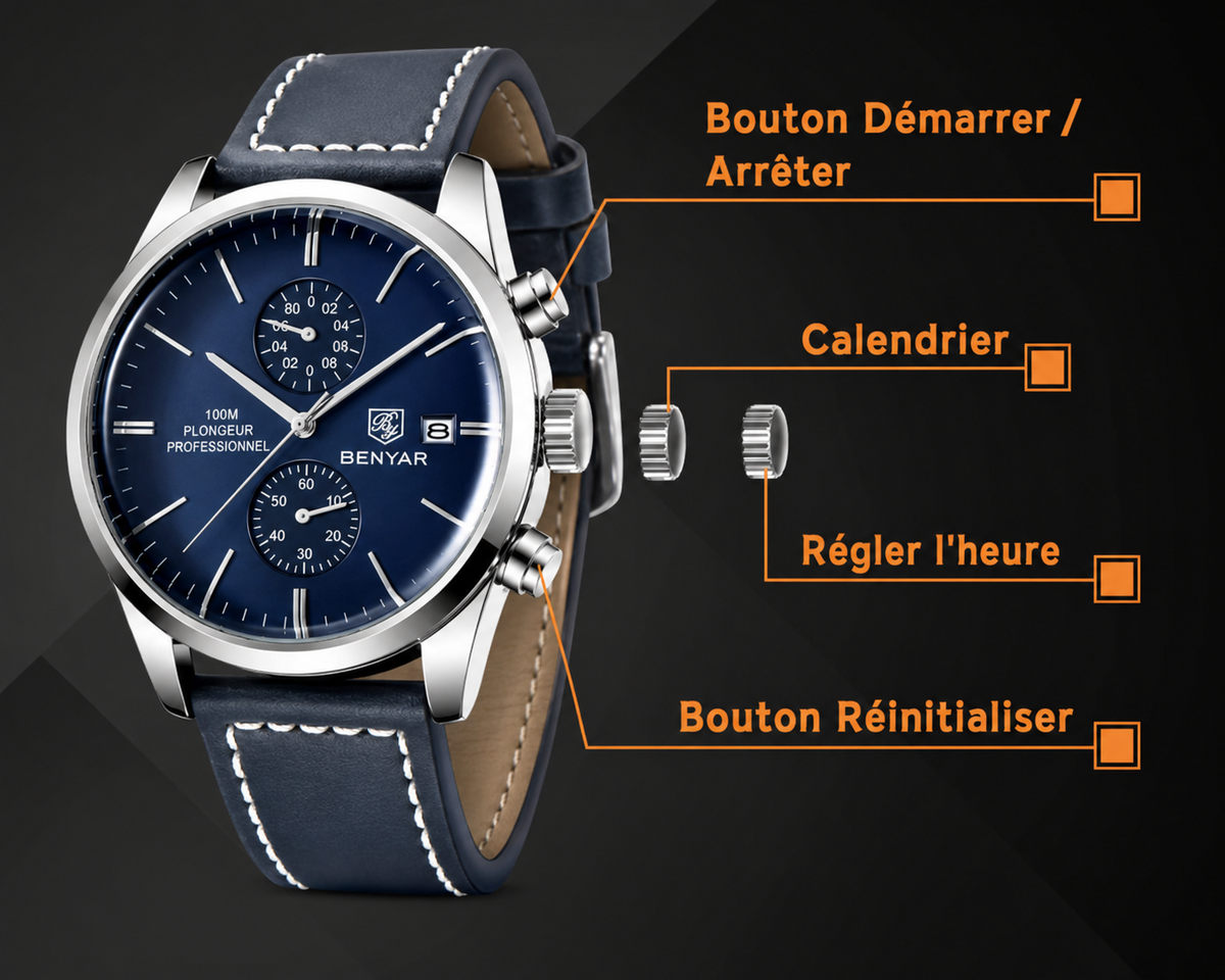 BENYAR BY-5187 – Montre Homme Chronographe Quartz Étanche 100M avec Bracelet en Cuir Bleu