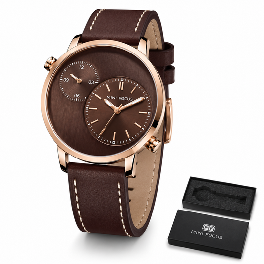 MINI FOCUS MF0035G – Montre Homme Luxe en Cuir Véritable, Quartz à Double Fuseau Horaire