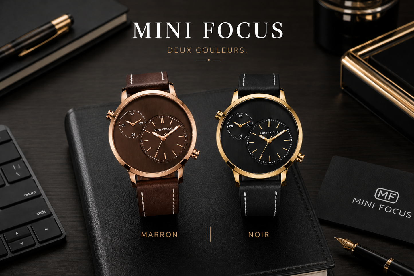 MINI FOCUS MF0035G – Montre Homme Luxe en Cuir Véritable, Quartz à Double Fuseau Horaire
