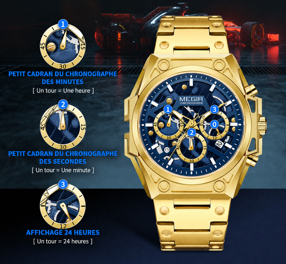 MEGIR 4220G - Montre HommeChronographe en Acier Inoxydable