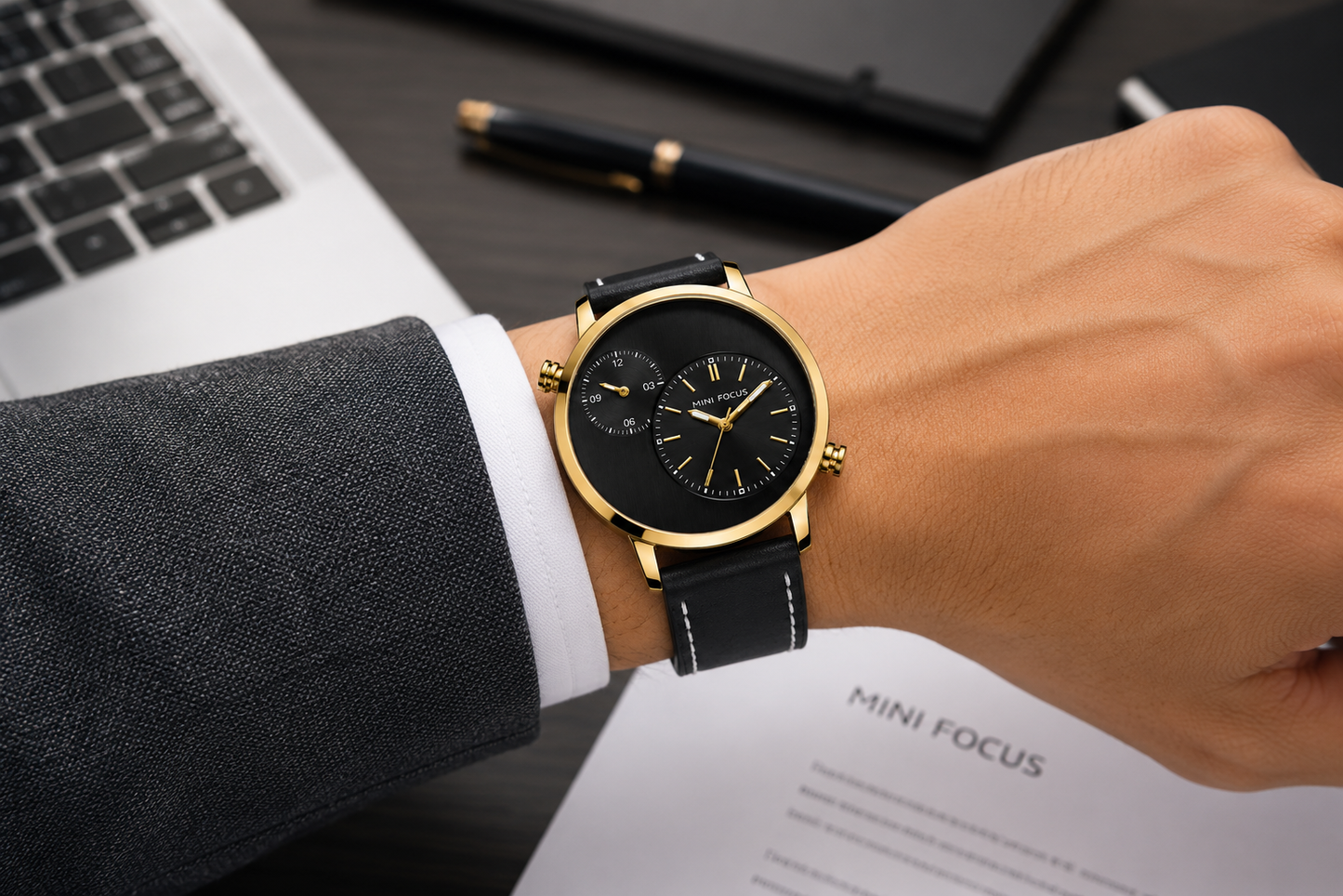 MINI FOCUS MF0035G – Montre Homme Luxe en Cuir Véritable, Quartz à Double Fuseau Horaire