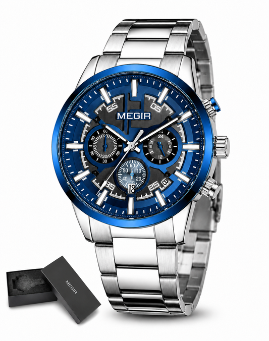 MEGIR 2220G - Montre Homme Chronographe en Acier Inoxydable – Quartz, Date Automatique, Aiguilles Lumineuses