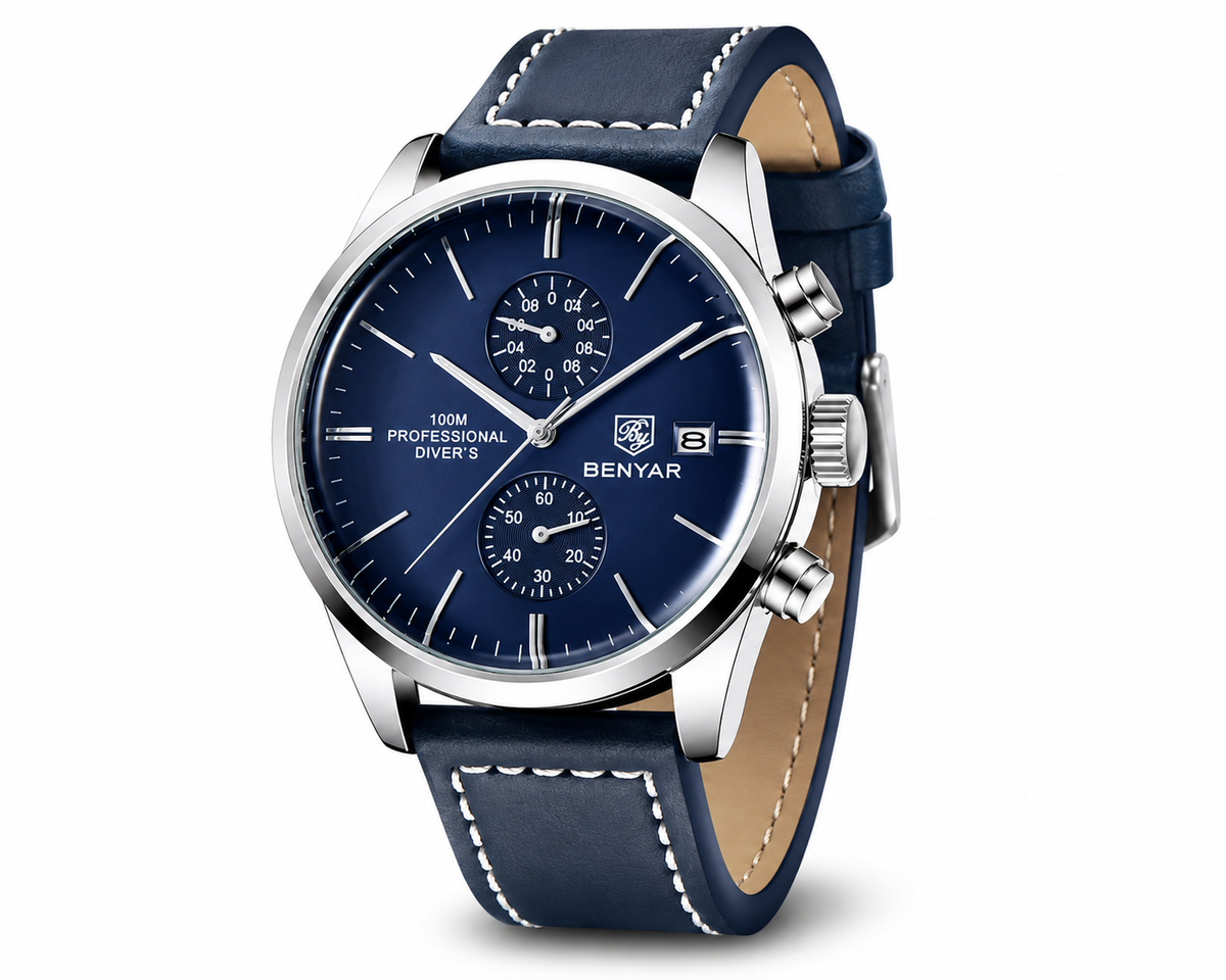 BENYAR BY-5187 – Montre Homme Chronographe Quartz Étanche 100M avec Bracelet en Cuir Bleu
