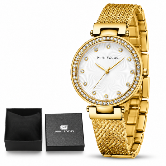 Montre Femme  MINI FOCUS MF0423L –  Élégante à Quartz Japonais avec Bracelet Maille en Acier Inoxydable Doré