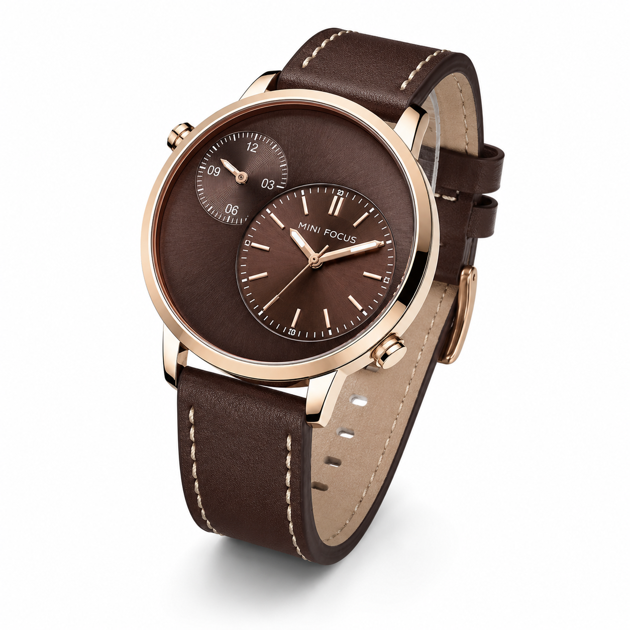 MINI FOCUS MF0035G – Montre Homme Luxe en Cuir Véritable, Quartz à Double Fuseau Horaire