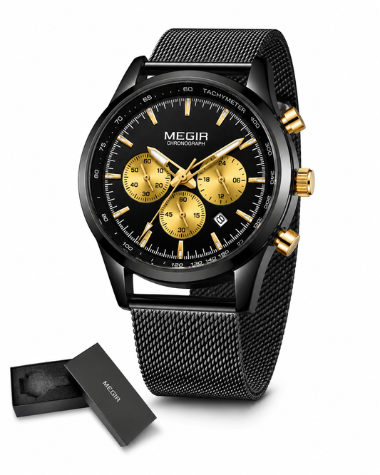 MEGIR 2153 - Montre Homme Chronographe à Quartz Bracelet Maille Acier Noir