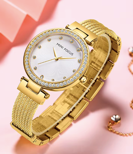 Montre Femme  MINI FOCUS MF0423L –  Élégante à Quartz Japonais avec Bracelet Maille en Acier Inoxydable Doré