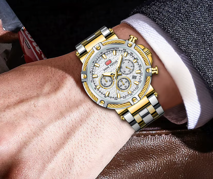 MINI FOCUS MF0470G –  Montre HommeAcier Bicolore Or et Argent, Quartz, Date & 24H