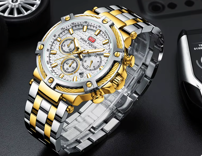 MINI FOCUS MF0470G –  Montre HommeAcier Bicolore Or et Argent, Quartz, Date & 24H