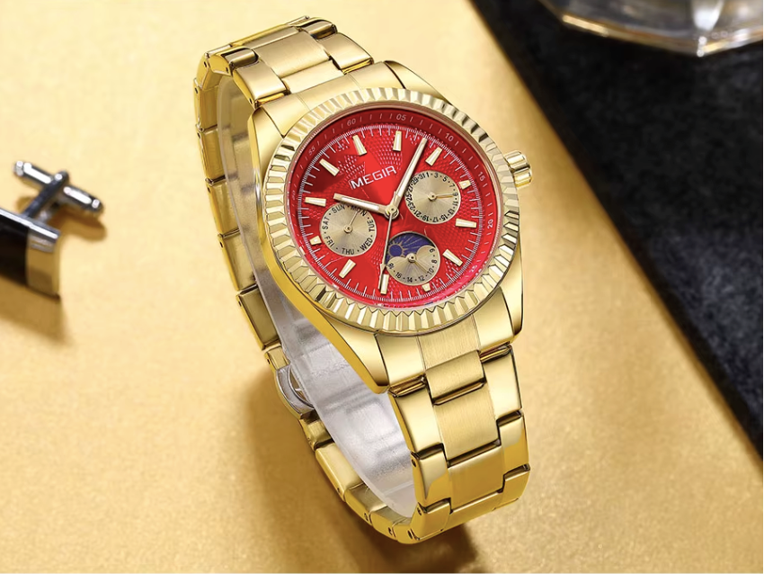 MEGIR 1102G - Montre Gold & Rouge – Quartz, Jour, Date et Phase de Lune