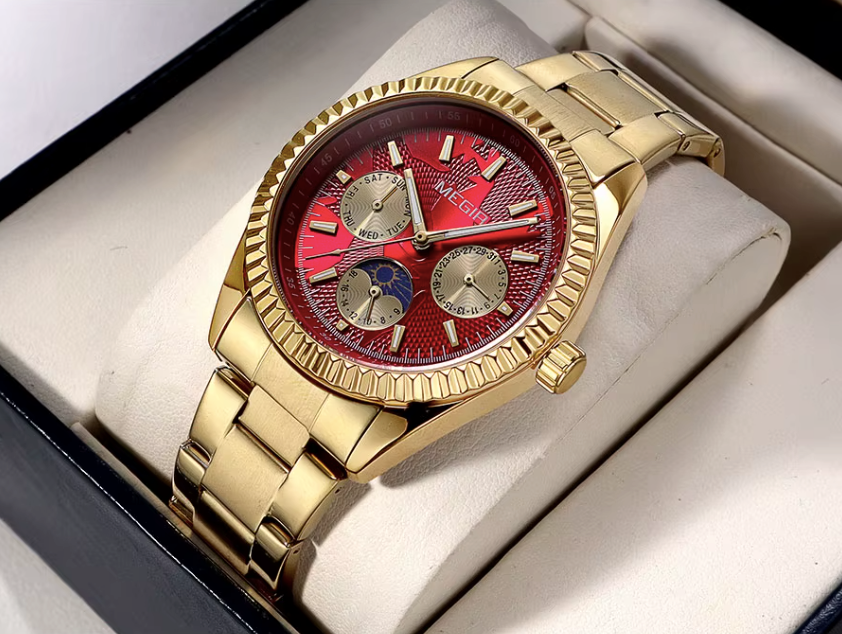 MEGIR 1102G - Montre Gold & Rouge – Quartz, Jour, Date et Phase de Lune