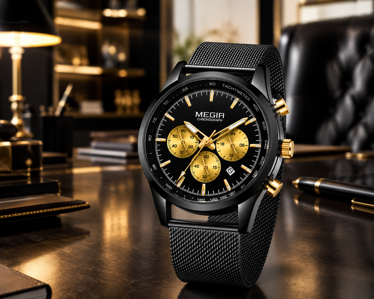 MEGIR 2153 - Montre Homme Chronographe à Quartz Bracelet Maille Acier Noir
