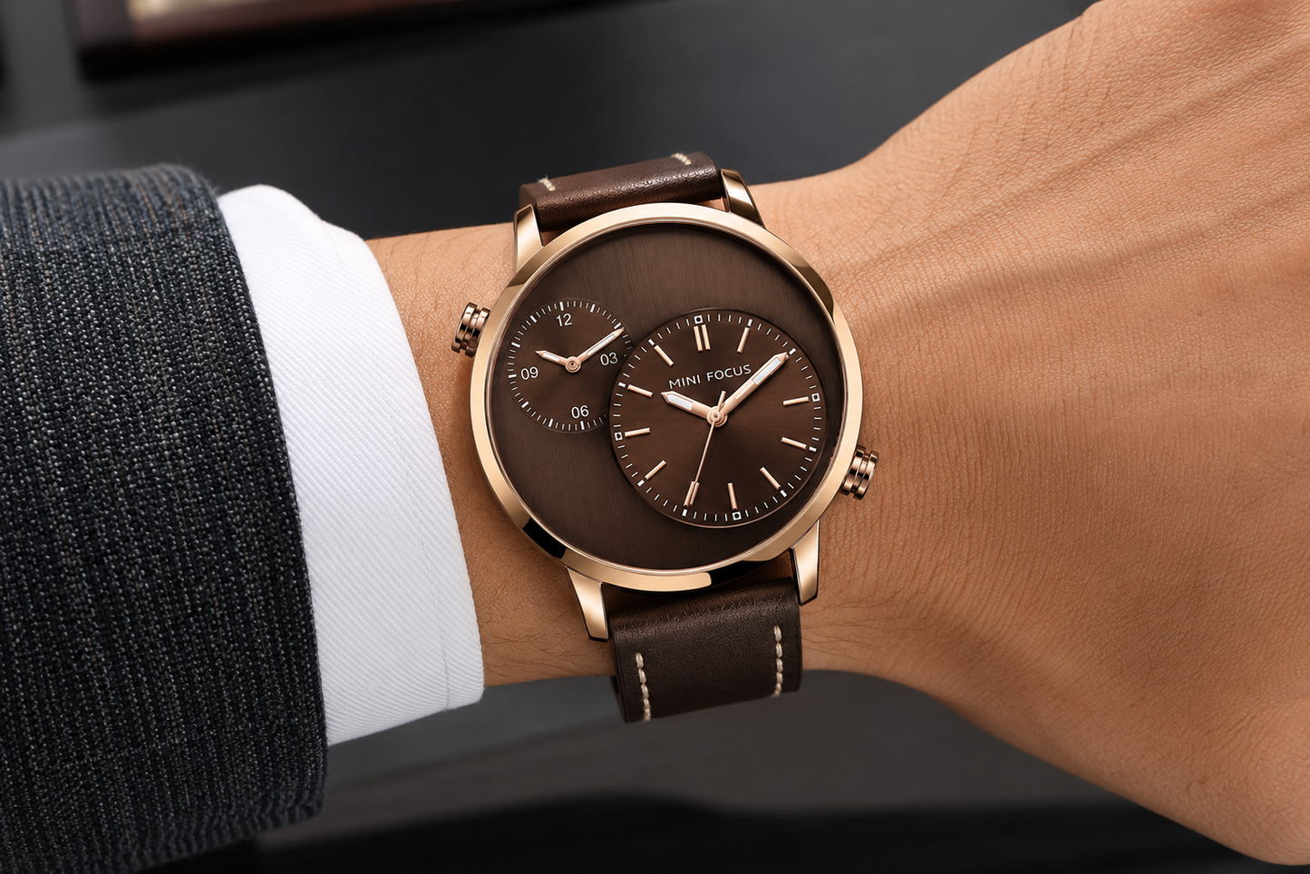 MINI FOCUS MF0035G – Montre Homme Luxe en Cuir Véritable, Quartz à Double Fuseau Horaire