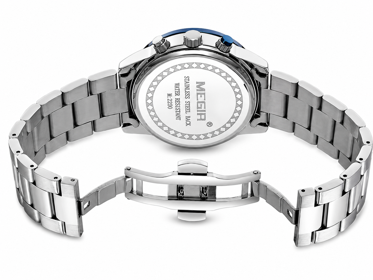 MEGIR 2220G - Montre Homme Chronographe en Acier Inoxydable – Quartz, Date Automatique, Aiguilles Lumineuses
