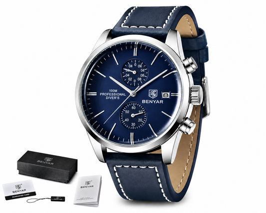 BENYAR BY-5187 – Montre Homme Chronographe Quartz Étanche 100M avec Bracelet en Cuir Bleu