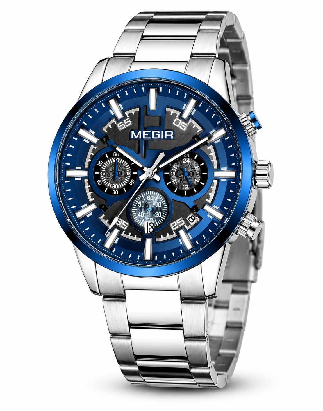 MEGIR 2220G - Montre Homme Chronographe en Acier Inoxydable – Quartz, Date Automatique, Aiguilles Lumineuses