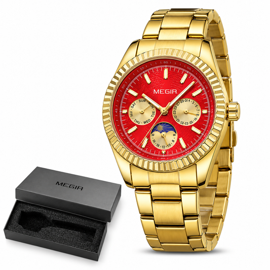 MEGIR 1102G - Montre Gold & Rouge – Quartz, Jour, Date et Phase de Lune