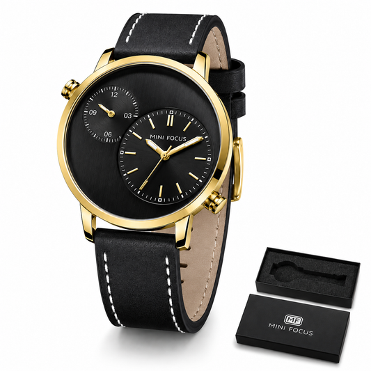 MINI FOCUS MF0035G – Montre Homme Luxe en Cuir Véritable, Quartz à Double Fuseau Horaire